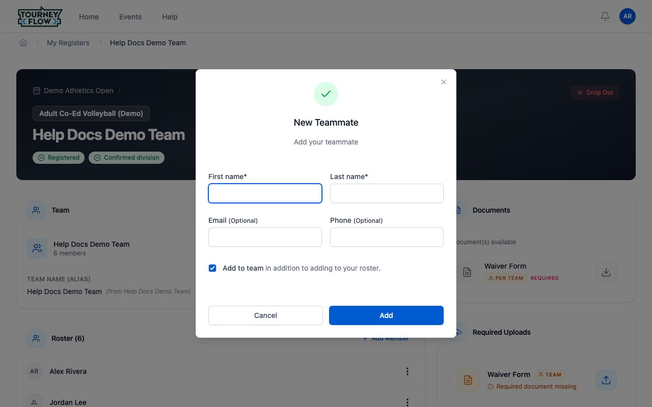 New Teammate dialog with First name, Last name, Email, Phone, and the Add to team checkbox