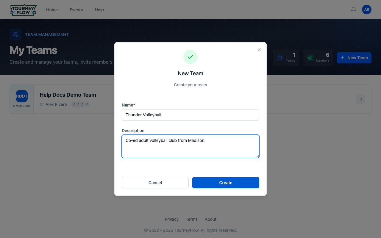 New Team dialog with Name and Description fields filled in