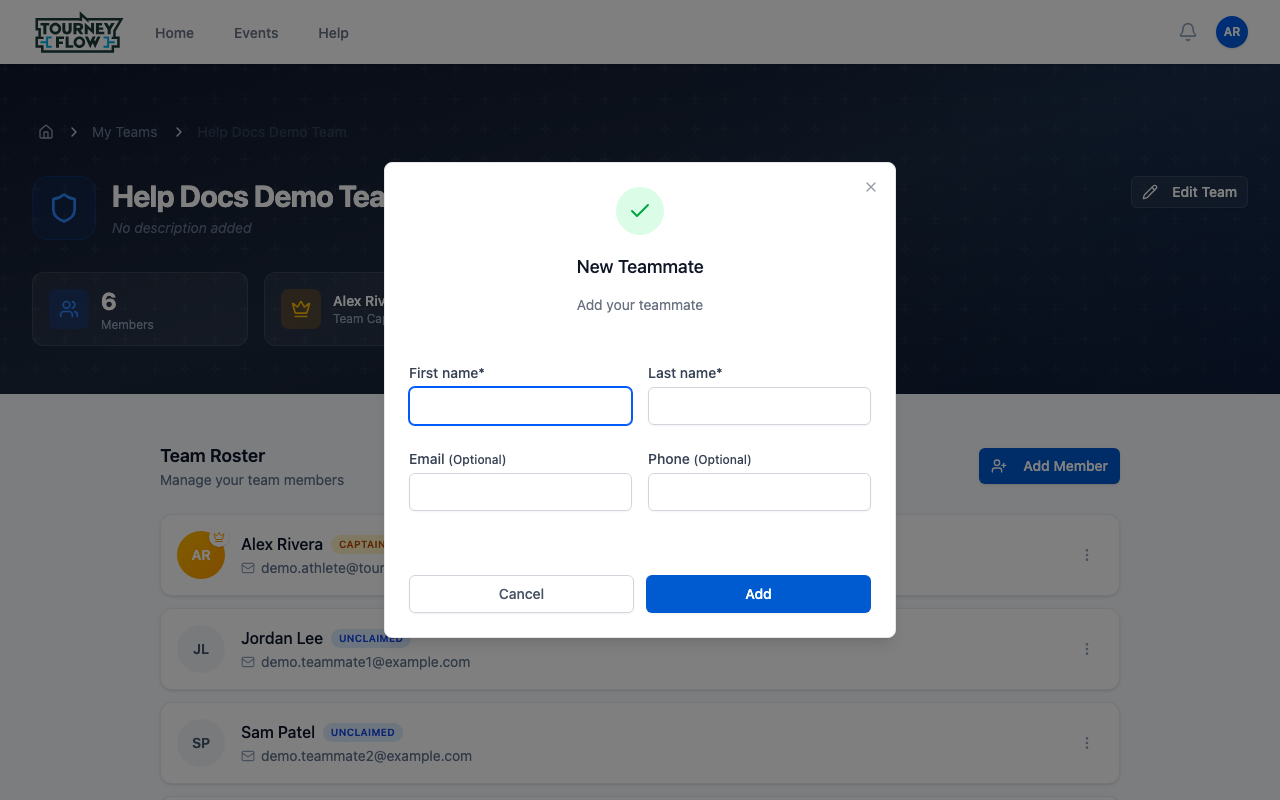 New Teammate dialog with First name, Last name, Email, and Phone fields