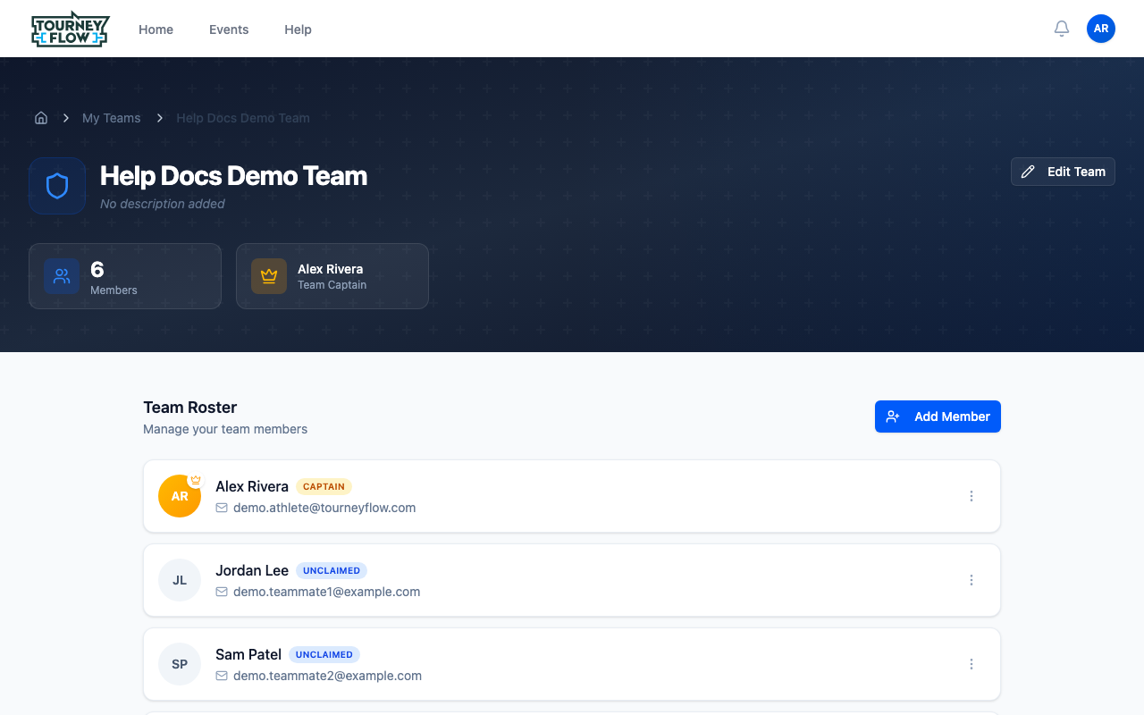 Team Roster grid showing each member with role badge, name, and contact