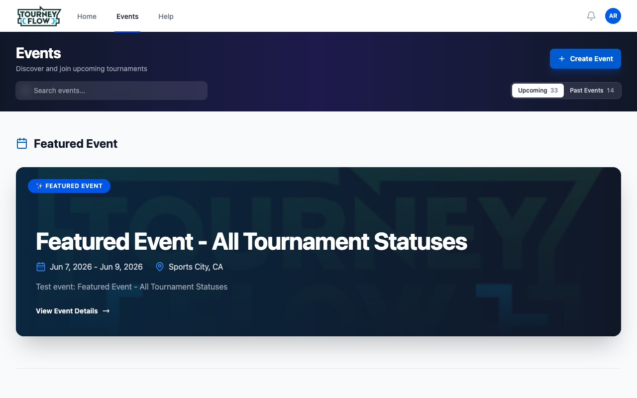 Events listing with the Upcoming tab selected, search box, and a featured event card