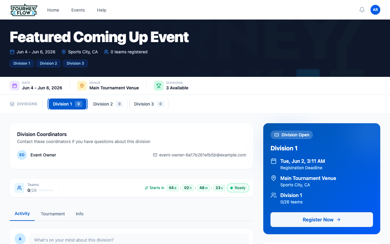 Event detail page with division tabs and the Register Now button visible in the right panel
