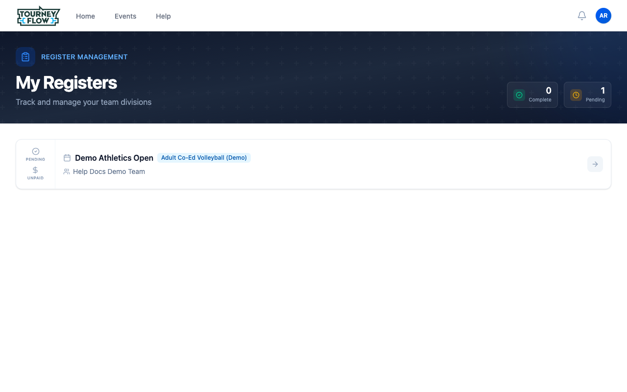 My Registers page listing registrations with completion and payment status badges