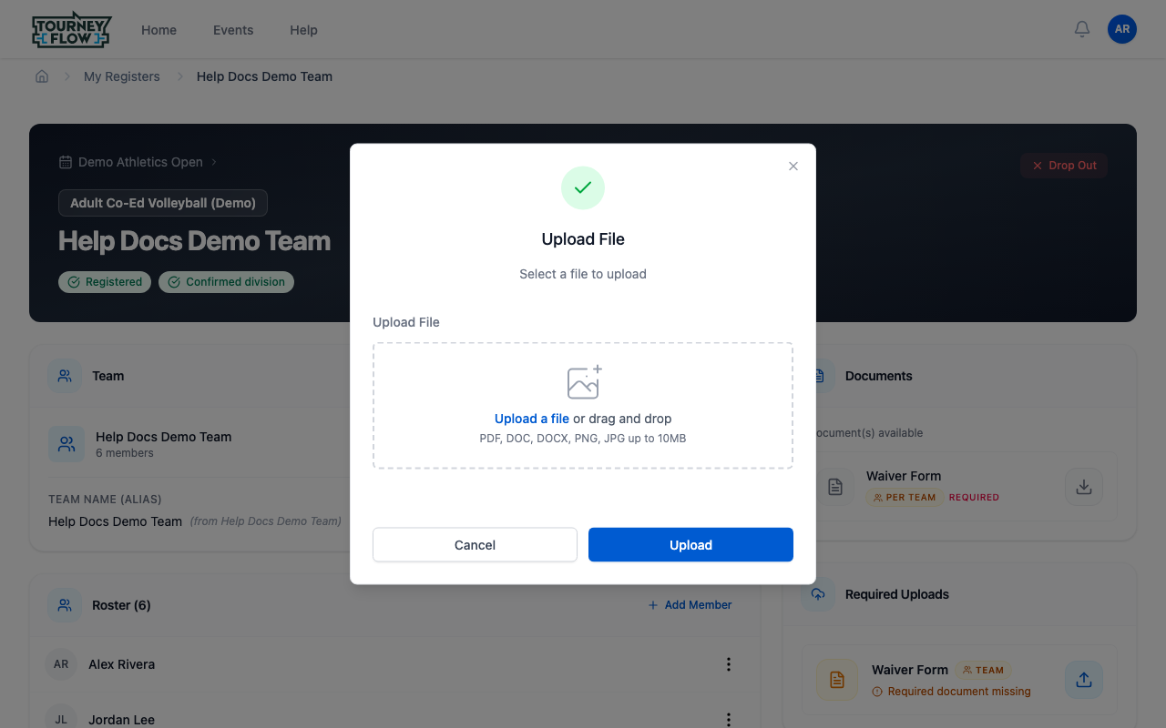 Upload File dialog with a drag-and-drop area and supported formats listed