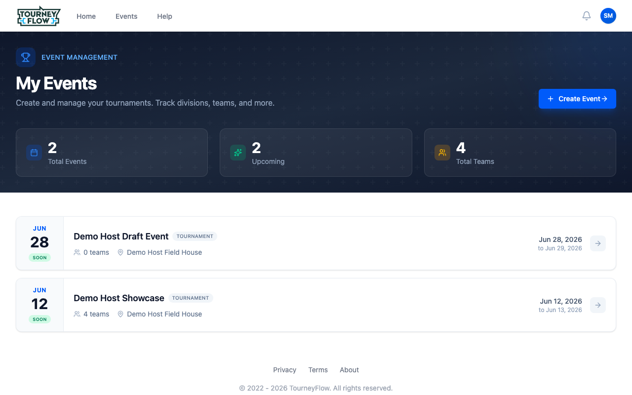 My Events page showing event cards with a + Create Event button in the top right