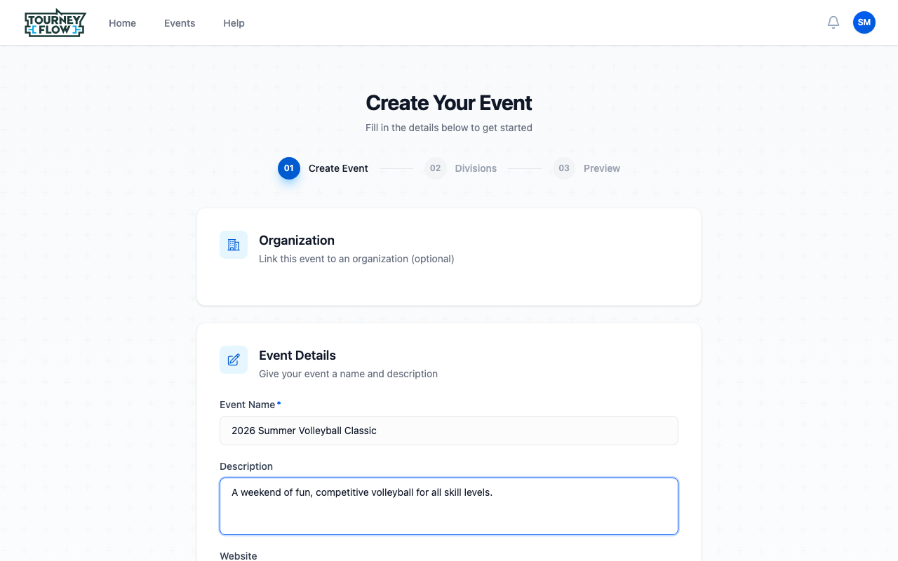 Create Event form showing Organization, Event Name, Description, and Website fields