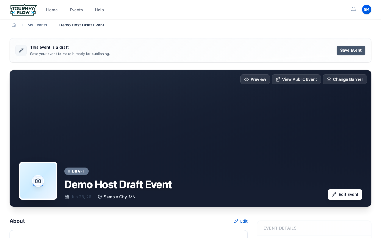 Draft event management page with a Save Event banner, Preview, View Public Event, and Change Banner buttons