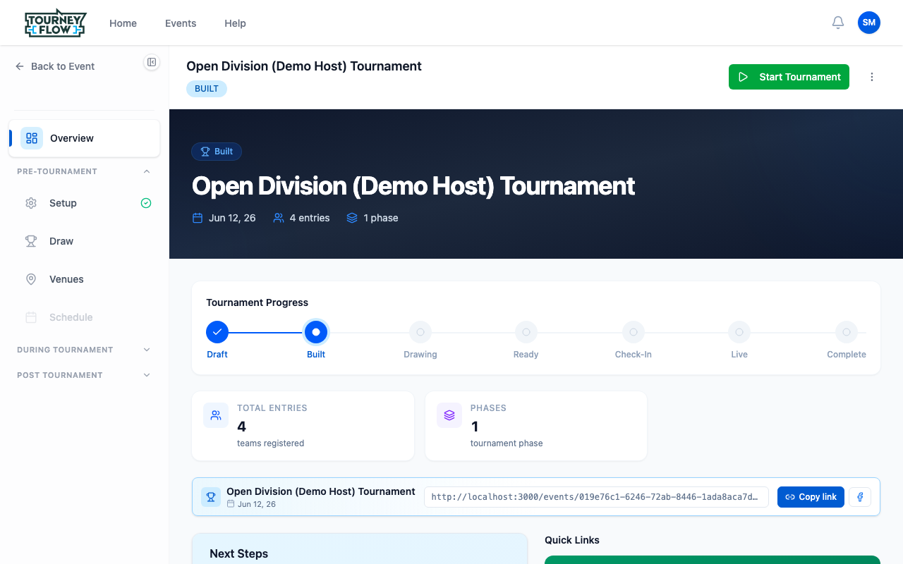 Tournament overview page with status badge, Start Tournament button, and Tournament Progress strip