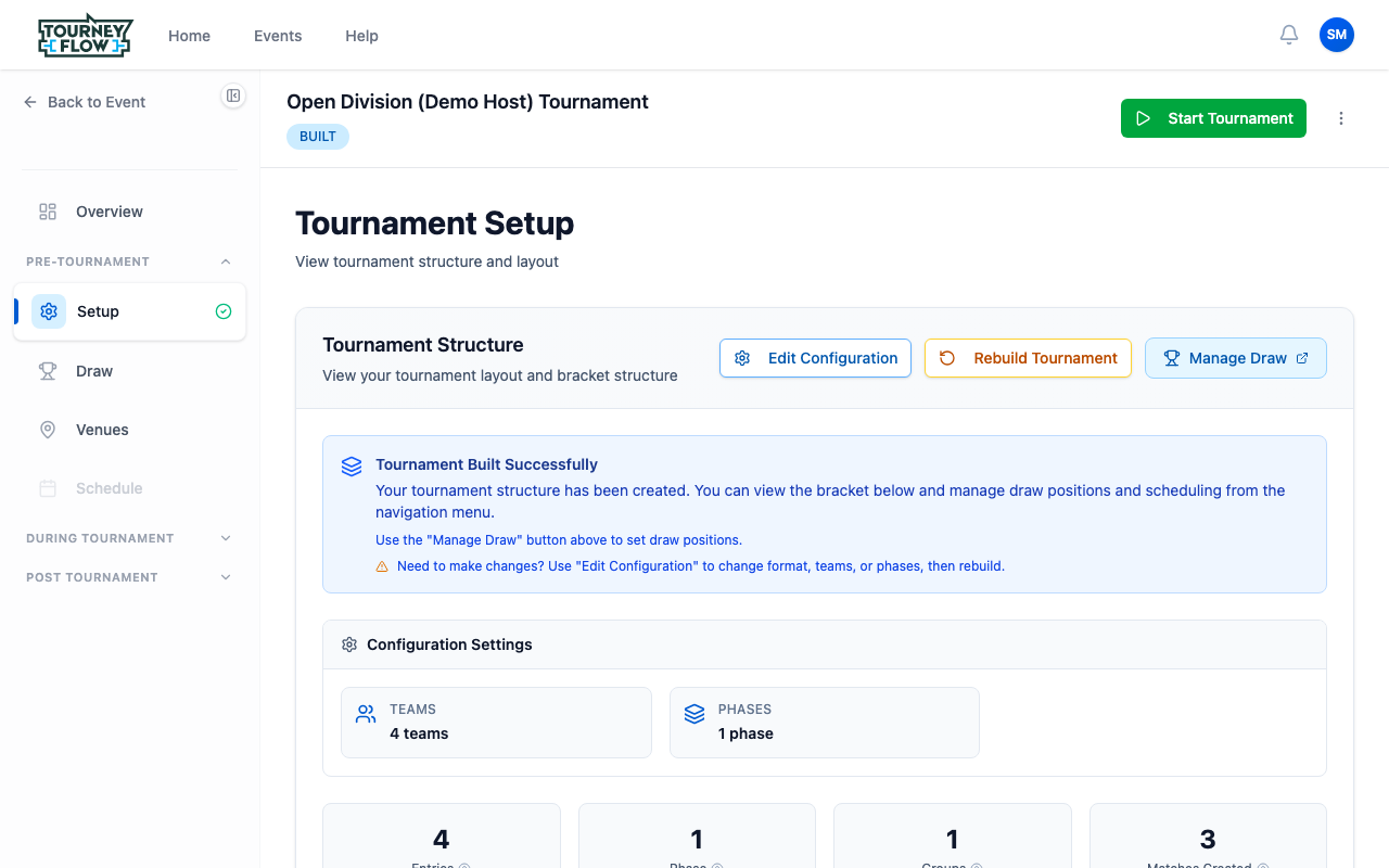 Tournament Entries page with team cards positioned and total/confirmed/pending counters