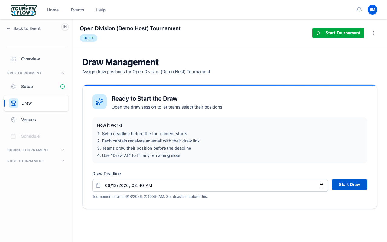 Draw Management page with How it works steps, a Draw Deadline picker, and a Start Draw button