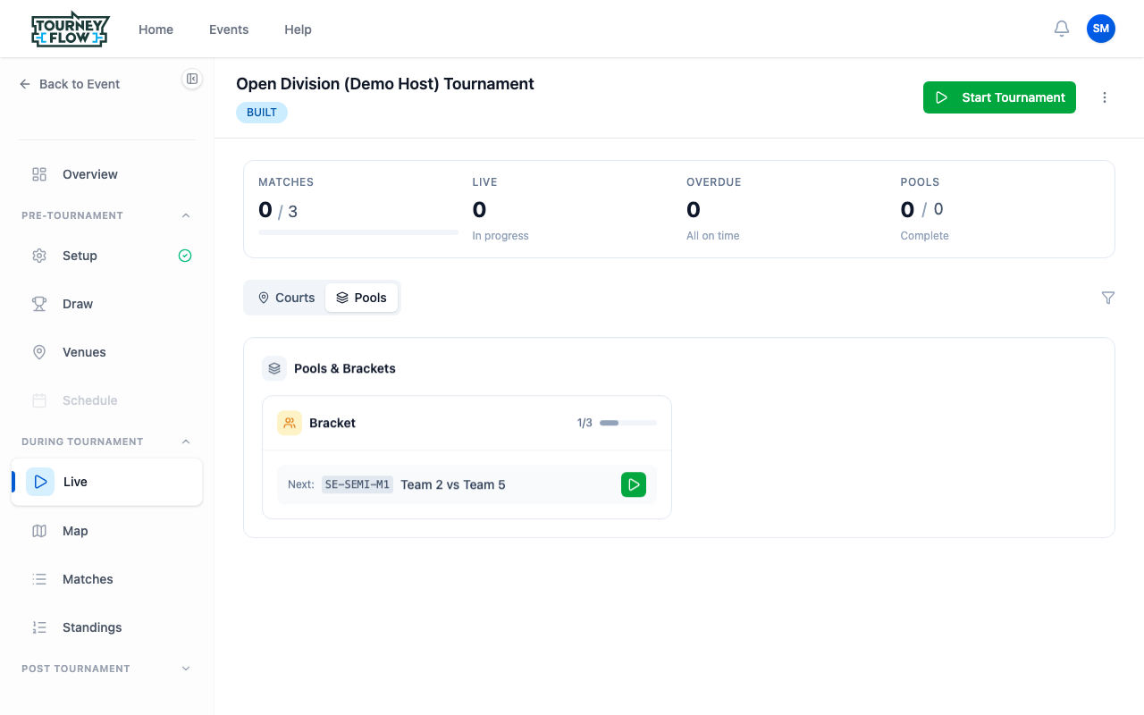 Live tournament dashboard with match counters, Courts/Pools toggle, and a Next match row