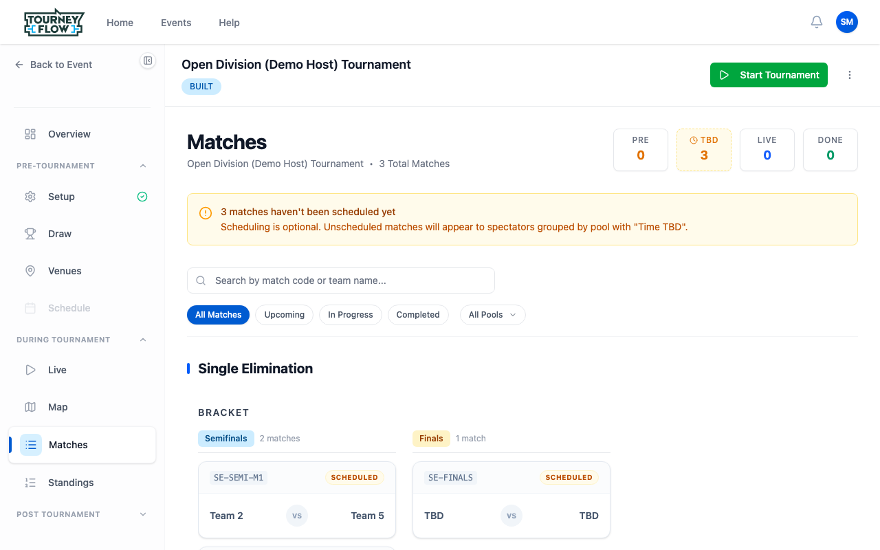 Matches page showing the bracket with semifinals and finals match cards, plus status filter chips