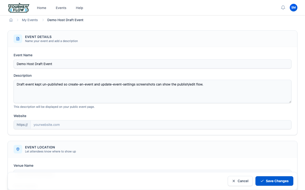 Event edit form with Event Name, Description, Website, and Event Location sections
