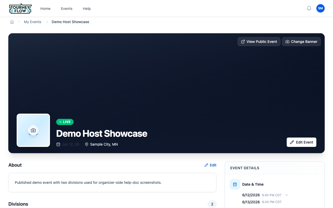 Top of the event management page with the event hero, status badge, and Edit Event button